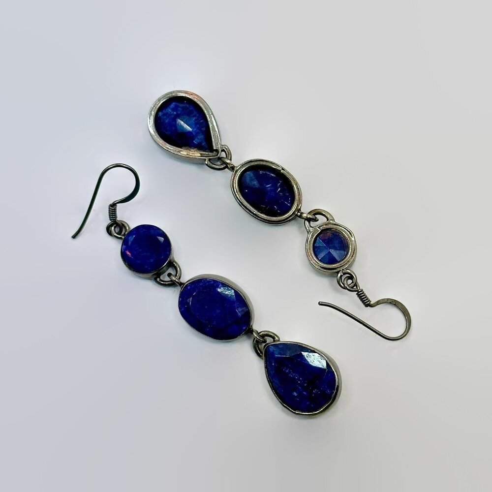 Blue Hathipada Stone Earrings: Black Silver Dangle Earrings - Picture 5 of 5